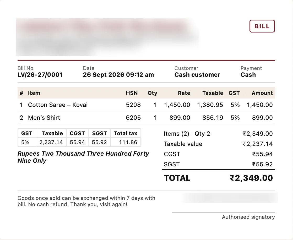 A GST bill from the billing app: two items, CGST and SGST worked out, total 2,349 rupees
